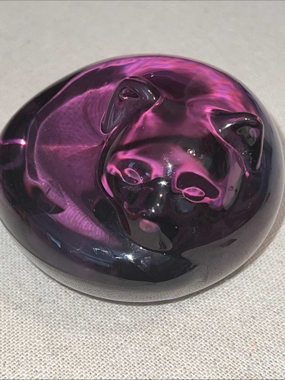 Vintage Amethyst Purple Glass Sleeping Cat Paperweight